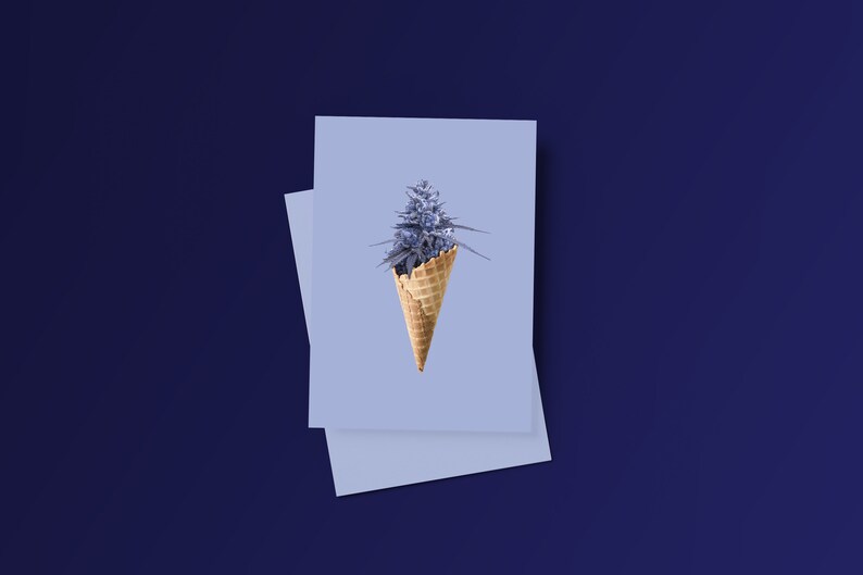 May include: A purple cannabis bud in a waffle cone on a light blue background.