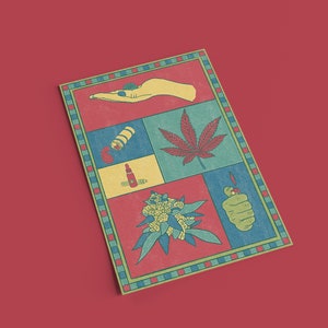 May include: A rectangular illustration with a red background features a grid of images. The images include a hand holding a pill, a cannabis leaf, a lighter, and other related items. The border is green and blue.