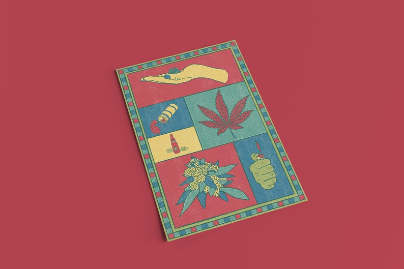 May include: A rectangular illustration with a red background features a grid of images. The images include a hand holding a pill, a cannabis leaf, a lighter, and other related items. The border is green and blue.