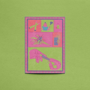 Könnte beinhalten: Eine farbenfrohe Illustration mit Cannabis-bezogenen Bildern. Das Kunstwerk zeigt gerollte Joints, eine rauchende Person, Cannabispflanzen und Hände, die einen Joint rollen. Das Design ist vor einem grünen Hintergrund mit einem rosa, grünen und lila Rahmen.