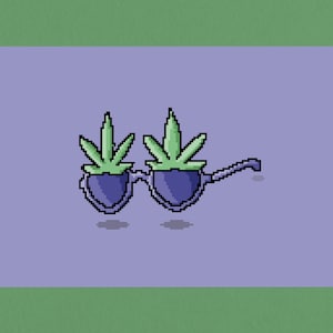 Könnte beinhalten: Pixel-Art-Illustration einer Sonnenbrille mit Cannabisblättern anstelle der Gläser. Die Sonnenbrille ist dunkelblau und die Blätter sind grün. Der Hintergrund ist helllila.