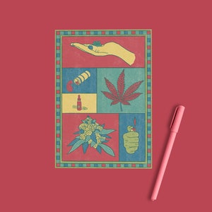 May include: A red background with a pink pen and a framed illustration. The illustration features a hand holding cannabis, a cannabis leaf, a lighter, and other cannabis-related items. The illustration has a red, blue, and green color scheme.