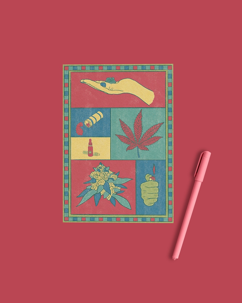 May include: A red background with a pink pen and a framed illustration. The illustration features a hand holding cannabis, a cannabis leaf, a lighter, and other cannabis-related items. The illustration has a red, blue, and green color scheme.