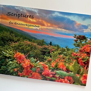 May include: A book titled "Scriptures for Encouragement" with a photograph of a mountain range at sunset with orange flowers in the foreground.