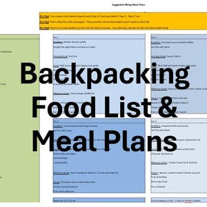 Peut inclure: Un tableau bleu et vert avec le texte "Backpacking Food List & Meal Plans" en noir. Le tableau comprend une liste de suggestions de nourriture et un plan de repas de randonnée suggéré pour un voyage de 4 jours.