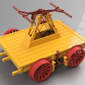 May include: A yellow wooden toy cart with red wheels and a wooden crane-like structure on top. The cart has a flatbed and a wooden frame with a crank and gears.