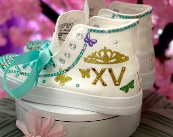Personalized Quinceañera Sneakers: Rhinestone & Glitter Custom Shoes
