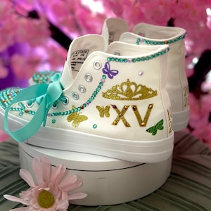 Personalized Quinceañera Sneakers: Rhinestone & Glitter Custom Shoes