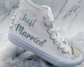 Glam Bride Sneakers: Silver Rhinestones, Pearls, and Resin - Custom Wedding Shoes
