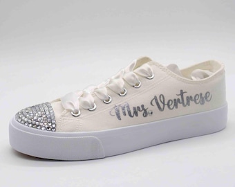 Personalized Bridal Sneakers: Silver Glitter Wedding Shoes