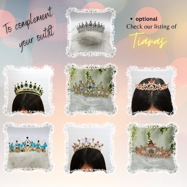 Puede incluir: Seis estilos diferentes de tiaras con pedrer&iacute;a y gemas de colores. Las tiaras se muestran en almohadas blancas. El texto "To complement your outfit" y "optional Check our listing of Tiaras" es visible en la imagen.