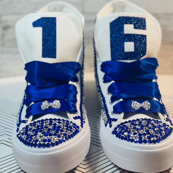 Sweet 16 Bling Custom Full Gems Party Dance Shoes | Sixteen Birthday Personalized Trainers | Gift Quinces years old Party Bright Shoes