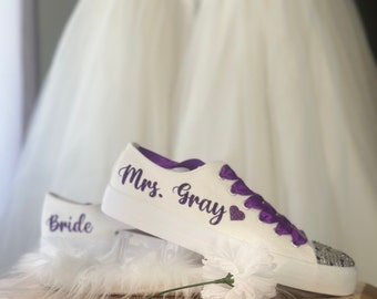 Wedding Bridal Sneakers Custom Gift | Glitzy Kicks Purple Personalized Dance shoes | Wedding Reception Tennis Mr & Mrs Glam Bride flat shoes