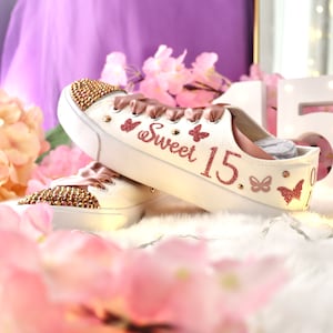 Rose Gold Butterfly Sneakers: Personalized Quinceañera 15th Birthday Shoes