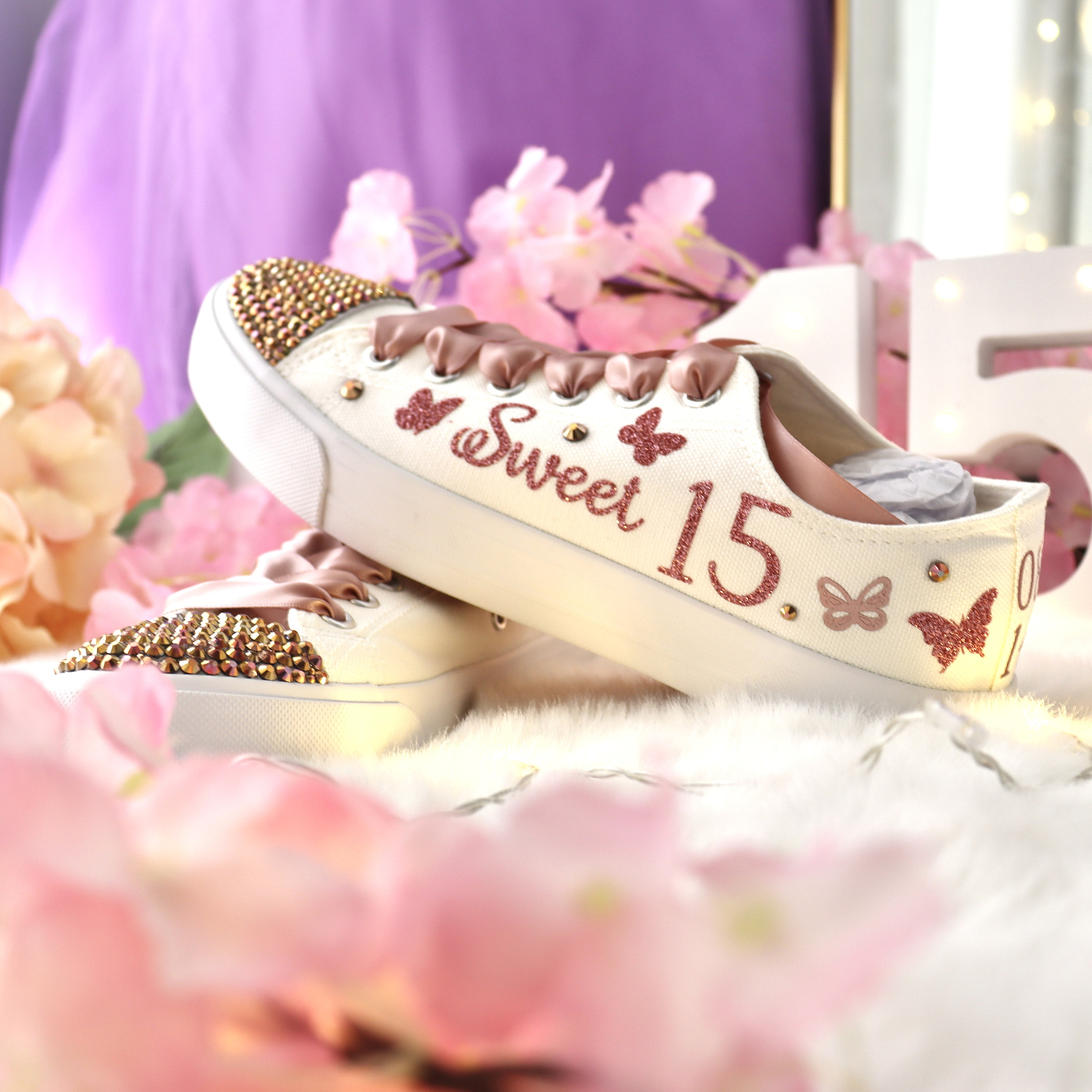 Butterfly Style Rose Gold Sweet 15 Custom Sneakers Quinceanera Flesh Pink Flat Shoes Personalized 15 Birthday Sneakers