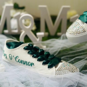 Green Bride Wedding Sneakers: Custom Crystal Gem Bridal Shoes