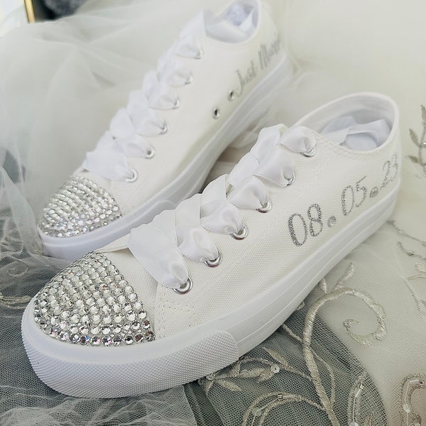 Bridal Custom Kicks flat | Wedding Sneakers Comfy | Personalized Bride theme Silver Glitter | Shoes Receptions Sneakers Bedazzled Crystal
