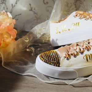 Gold Wedding Sneakers: Rhinestone Bridal Dance Shoes with Champagne Laces