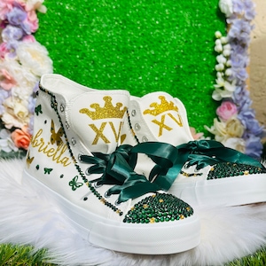 Emerald Quinceañera Sneakers: Personalized Princess Sweet 16 Shoes