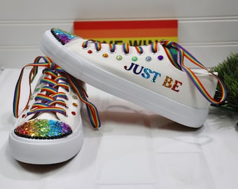 Custom Pride Sneakers: Rainbow Glitter Low Top Canvas Shoes