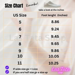 Pode incluir: Uma tabela de tamanhos de sapatos com tamanhos dos EUA 5-11, exibindo os comprimentos dos p&eacute;s correspondentes em polegadas. A tabela inclui o texto "take a look at the inches" e "If wide size go + 1 size". A marca "Las Tata Shop" tamb&eacute;m &eacute; vis&iacute;vel.