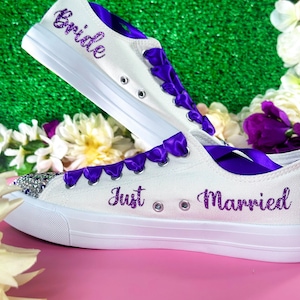 Wedding Bridal Easy on Shoes Custom Gift | Glitzy Kicks Purple Personalized Dance | Wedding Reception Tennis Mr & Mrs Glam Bride flat shoes