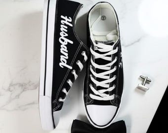 Custom Groom Sneakers: Husband Black Canvas Wedding Shoes with Date