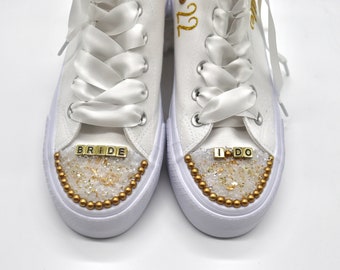 Glam Gold Style Bridals Custom Kicks Sneakers Flat Bride Shoes | Pearls and Gold bedazzled Wedding flat comfy breatheable shoes Party Dance