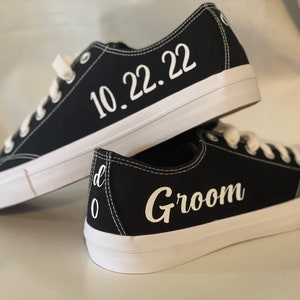Custom Groom Sneakers: Black Canvas Wedding Shoes with Date