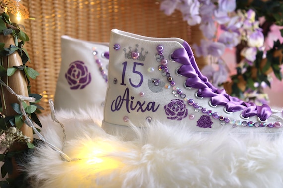 Flowers Style Lila Custom Quince Shoes XV Princess Cinderella Lavender Sneakers Quinceanera Memories Zapatillas Tennis XV Light Purple Etsy