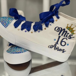 Custom Sweet 16 Sneakers: Blue & Gold Rhinestone Quinceañera Shoes