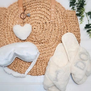 Personalized Bride Gift Set: Bridal Purse, Slippers, Eyemask & Keychain