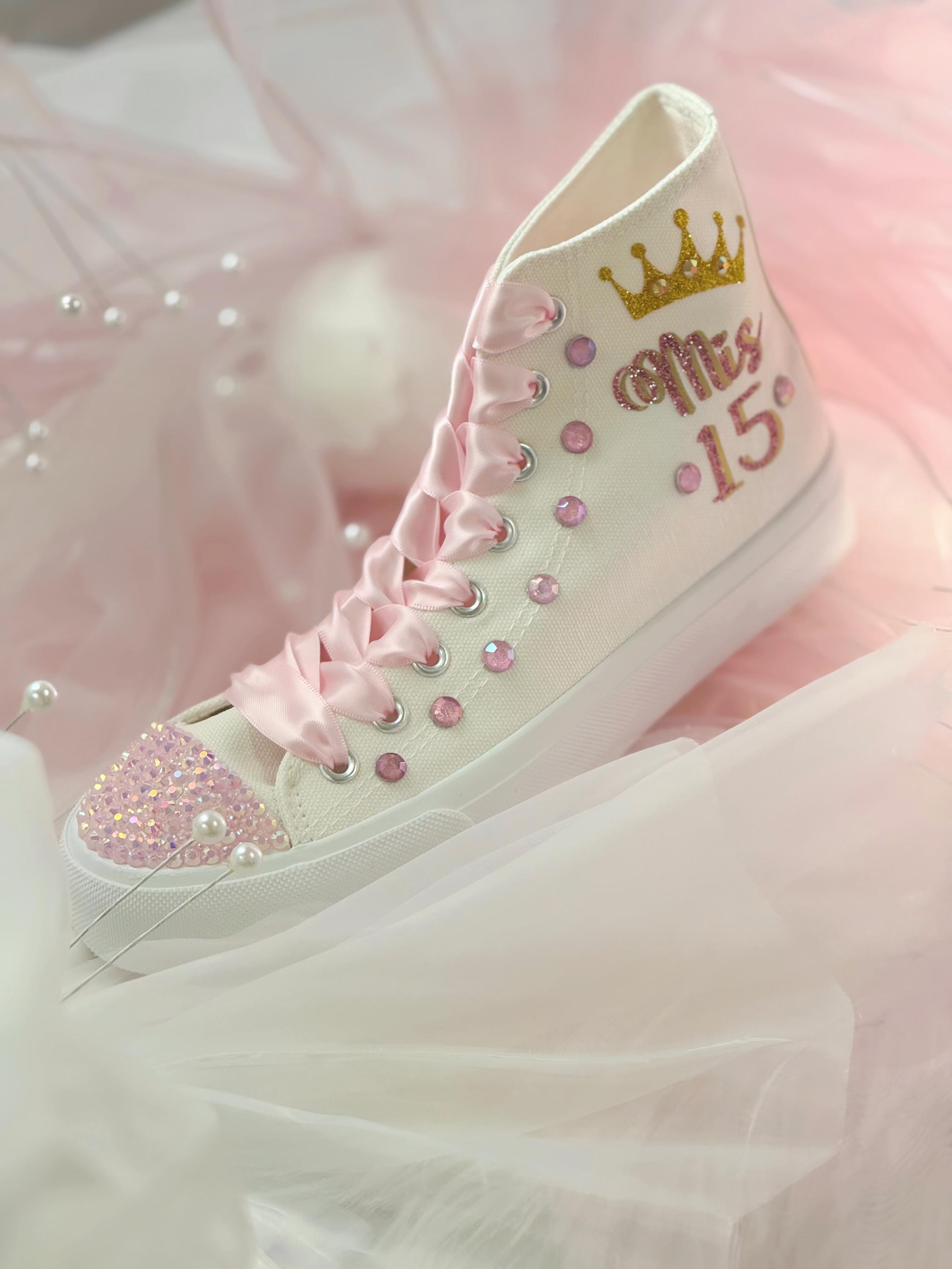 Pink Rhinestone Quinceañera Sneakers: Custom 15th Birthday Shoes