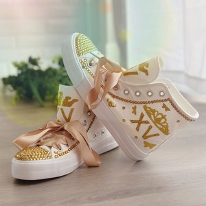 Estilo Rainha Real | Aniversário personalizado menina doce 16 | Presente das sapatilhas do Mis 15 Zapatillas Qinceañera de <br> Entrega Rápida? Sapatos de marmelo dourados