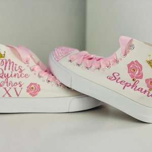 Quinceanera Sneakers: Rose Pink Crystals, Personalized Birthday Shoes
