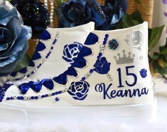 Flowers Style Quince Shoes | Quinceañera Royal Blue Sneakers | Princess Flores tennis XV | zapatos de Quince | Mis 15 Custom Birthday Gift