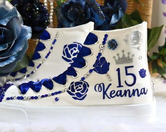 Quinceañera Royal Blue Sneakers: Personalized Floral Tennis Shoes