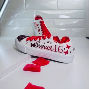 Red Rhinestone Sweet 16 Sneakers: Custom Quinceañera Butterfly Shoes
