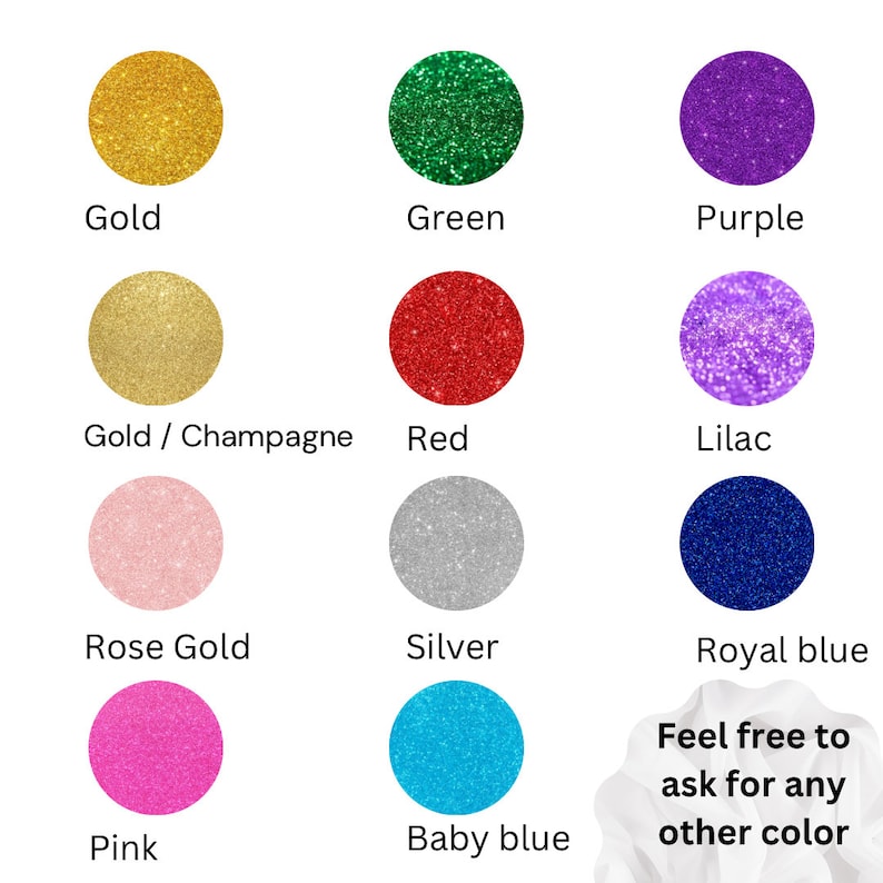 Puede incluir: Una tabla de colores de purpurina para proyectos de manualidades. Los colores incluyen dorado, verde, morado, dorado/champ&aacute;n, rojo, lila, oro rosa, plata, azul real, rosa y azul beb&eacute;. El texto "No dudes en pedir cualquier otro color" est&aacute; en la parte inferior de la tabla.