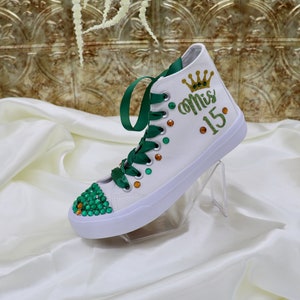 Personalized Quinceañera Sneakers: Green Rhinestone XV Custom Shoes