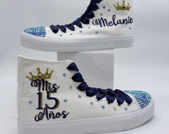 Zapatillas personalizadas azul marino: Zapatos de cumpleaños de quinceañera con pedrería
