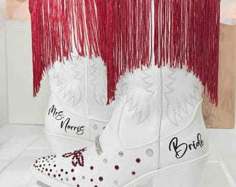 Bedazzled Bride Burgundy Cowboy Boots: Personalized Wedding Cowgirl Boots