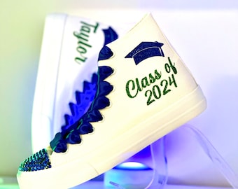 Graduation Sneakers Casual Trainers Personalized | Custom Class of Shoes for Prom Blue and Green | Matching outfit Winter Formal Shoes