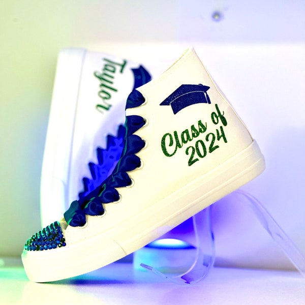 Graduation Sneakers Casual Trainers Personalized | Custom Class of Shoes for Prom Blue and Green | Matching outfit Winter Formal Shoes