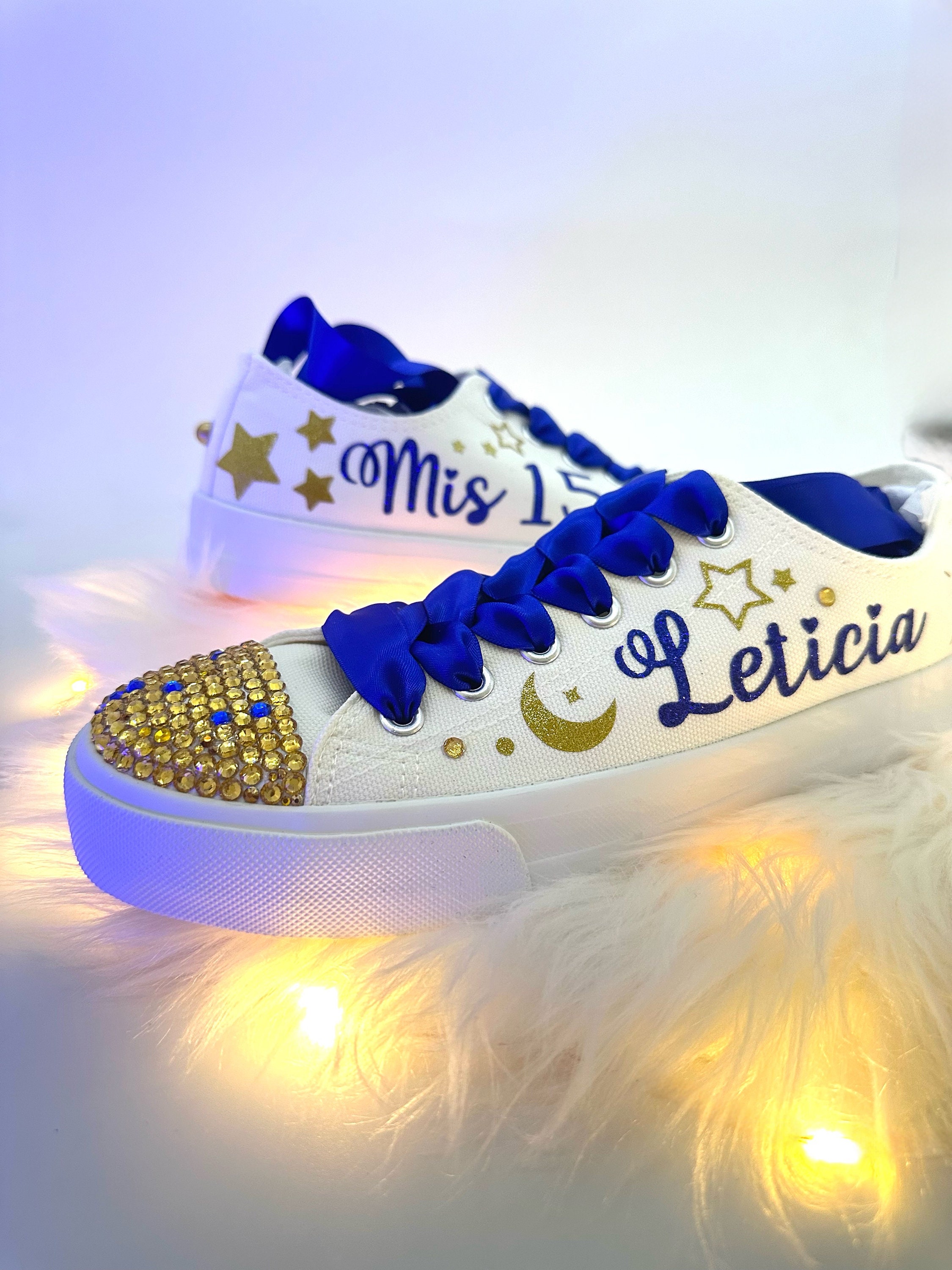 Blue Fantasy Sky Style Royal Blue Gold Sweet 15 Custom Sneakers Moon Stars Quinceanera Dance Shoes Personalized Mis 15 Zapatillas Etsy