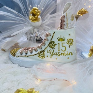 Custom Quinceañera Sneakers: Gold Flowers, Rhinestones, Personalized XV Shoes