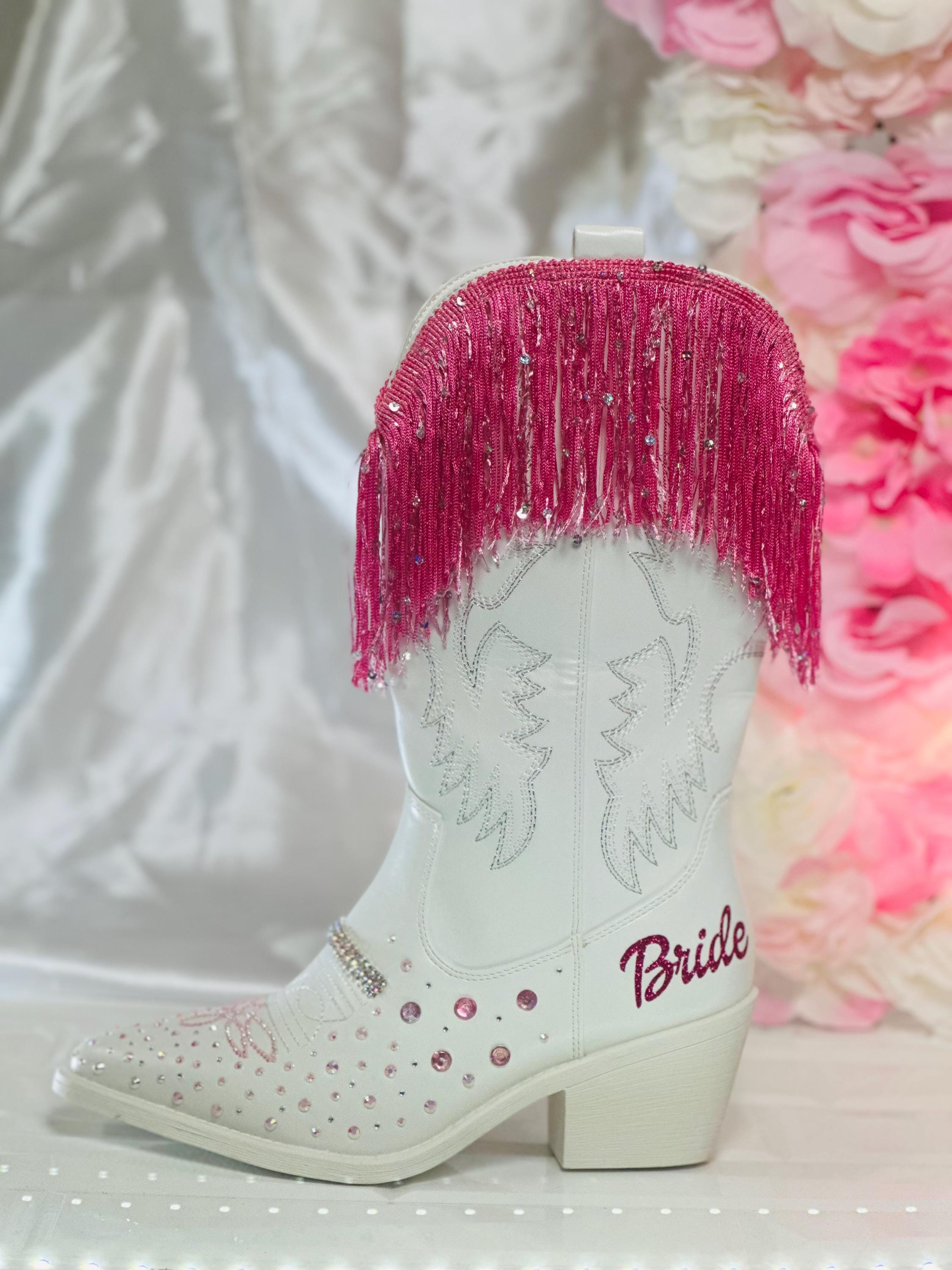 Pink Bedazzled Bride Cowboy Boots: Personalized Western Wedding