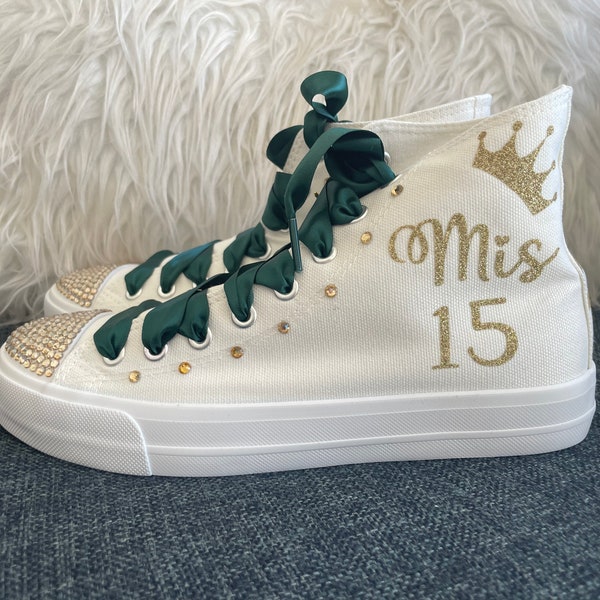 Crown Emerald Quinceañera Sneakers | Gold and Emerald Quince Shoes | Perfect Gift for Mis 15 Shoes Dance Party | Mis 16 gift personalized