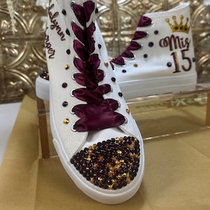 Burgundy Rhinestone Quinceañera Sneakers: Custom Party Shoes