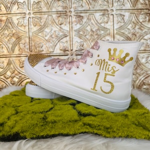 Pink Quinceañera Sneakers: Gold Rhinestone Mis 15 Party Shoes
